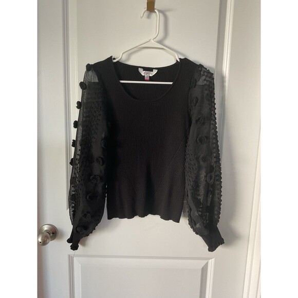 Women’s Sheer Dot Long Sleeve Ribbed Top Small Top Y2K Chic Black 0195 - Picture 1 of 8